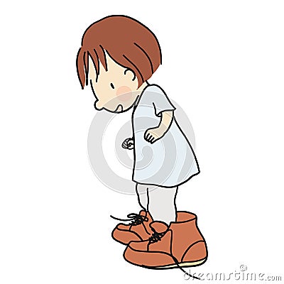 Vector illustration of little kid wearing daddy``s big brown leather shoes Vector Illustration