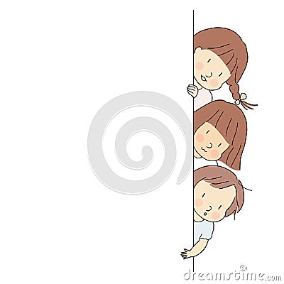 Vector illustration of little kids, boy and girls, peeking out behind wall. Peek a boo, back to school, happy children day concept Cartoon Illustration