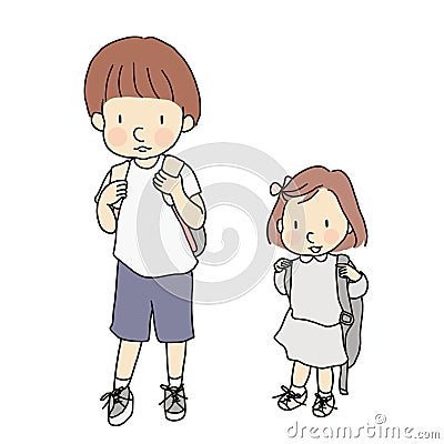 Vector illustration of little kids carrying school backpack. Early childhood development, first day of school, education, family Cartoon Illustration