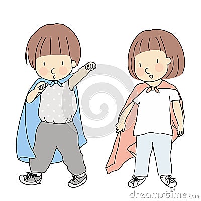 Vector illustration of little kids playing dress up and acting like superhero. Playing superhero. Early childhood development Cartoon Illustration