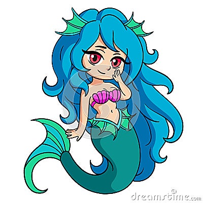 Vector illustration with little mermaid in anime or manga style. Cartoon Illustration