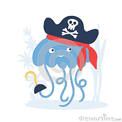 Vector illustration Little pirate lettering with pirate`s hat and bones. Kids logo emblem. Textile fabric print Cartoon Illustration