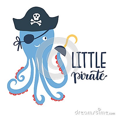 Vector illustration Little pirate lettering with pirate`s hat and bones. Kids logo emblem. Textile fabric print Cartoon Illustration