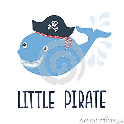 Vector illustration Little pirate lettering with pirate`s hat and bones. Kids logo emblem. Textile fabric print Cartoon Illustration