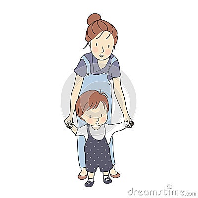 Vector illustration of little toddler first steps. Mother holding baby hand and helping him learn to walk. Cartoon Illustration