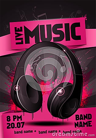 Vector illustration live music party flyer design template with headphone Vector Illustration