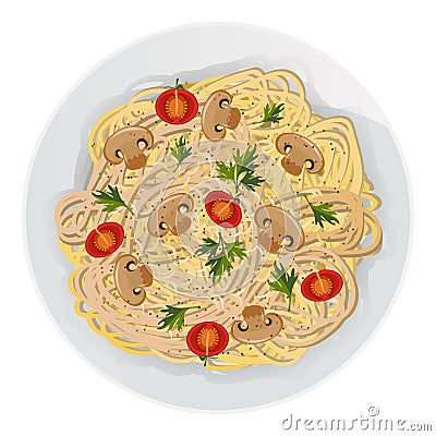 Vector illustration of long pasta with cheese, mushrooms, tomatoes, spices, parsley in plate Vector Illustration