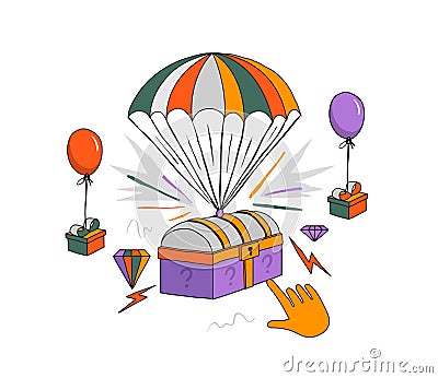 Vector illustration with loot boxes. Surprise box and gift boxes parachute down with a hand pointing at them. Vector Illustration