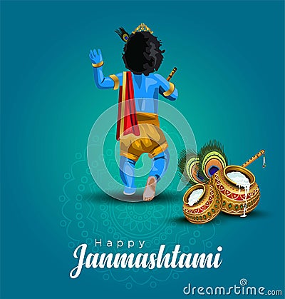 Printvector illustration of Lord Krishna Happy Janmashtami festival of India with text Vector Illustration