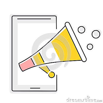 Vector illustration of a loudspeaker and a phone. Online perceptions. Vector Illustration