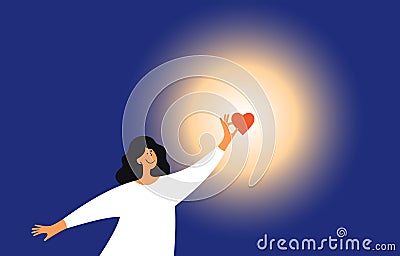 Vector illustration of love, charity, donation with woman holding heart in hand lighting up darkness Vector Illustration