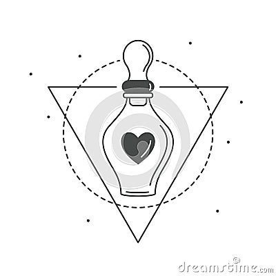 Vector illustration of love potion beautiful bottle with heart. Chemistry of love. Line art love symbol. Valentine`s day Vector Illustration