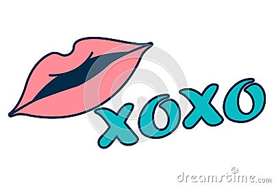 Vector Cartoon Illustration Of Lovely Lips And Xoxo Text Vector Illustration