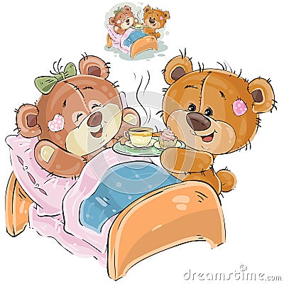 Vector illustration of a loving brown teddy bear brought a tray with breakfast and his girlfriend lying in bed Vector Illustration