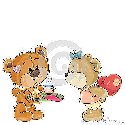 Vector illustration of a loving brown teddy bear carries a tray with breakfast and a valentine to her girlfriend Vector Illustration