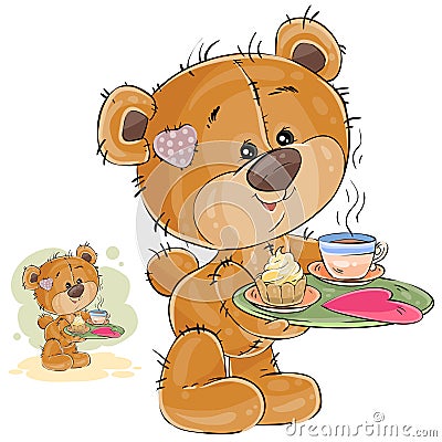 Vector illustration of a loving brown teddy bear carrying a tray with breakfast and a valentine lying on it Vector Illustration