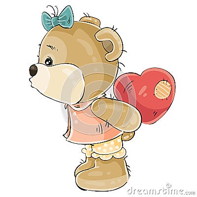 Vector illustration of a loving brown teddy bear girl hiding behind her plush red heart and about to kiss someone Vector Illustration