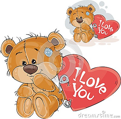 Vector illustration of a loving brown teddy bear sitting with a red heart pinned to it with the inscription I Love You Vector Illustration