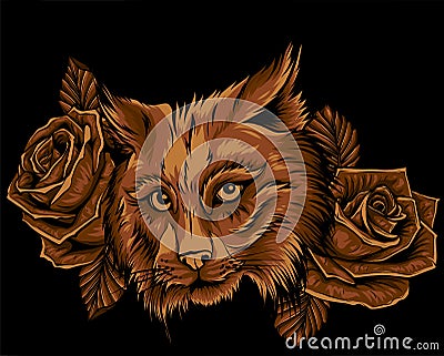 Vector illustration of lynx face with roses. Vector Illustration