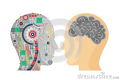 Vector illustration of machinery head of cyborg and the human one with the brain. Vector Illustration