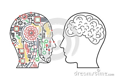 Vector illustration of machinery head of cyborg and the human one with the brain. Vector Illustration