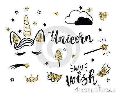 Vector illustration of a magic cute set with unicorn and stars Vector Illustration