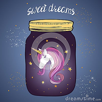 Vector illustration with magic jar and unicorn. Vector Illustration