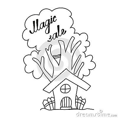 Vector illustration of a magic sale in doodle style. Image of a fabulous tree with a house Vector Illustration