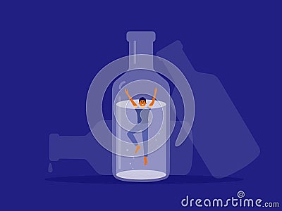 Vector illustration of male alcoholism with afraid man drowning in alcohol drink bottle Vector Illustration