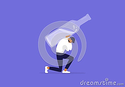 Vector illustration of male alcoholism with unhappy man holding huge alcohol drink bottle on shoulders Vector Illustration