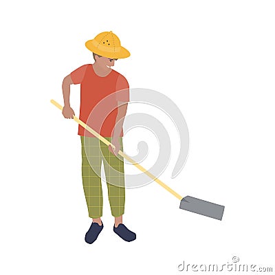 Vector illustration with a male archaeologist with a shovel in his hands who is excavating or building. A man in a cork helmet Vector Illustration