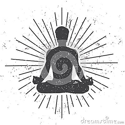 Vector illustration of a male silhouette in meditating lotus pose with scroll and sunburst on white background with dirty grunge t Vector Illustration