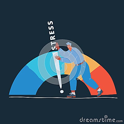 Vector illustration of man with arrow and scale level of stress. Nervous stress and fatigue over dark backround. Vector Illustration