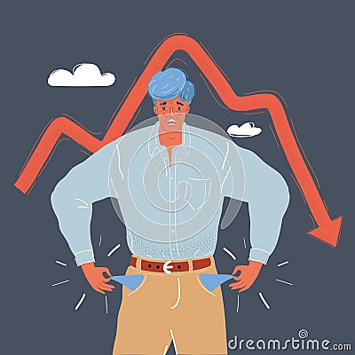 Vector illustration of man is a bankrupt Character with empty pockets turned out on dark background. The recession of Vector Illustration