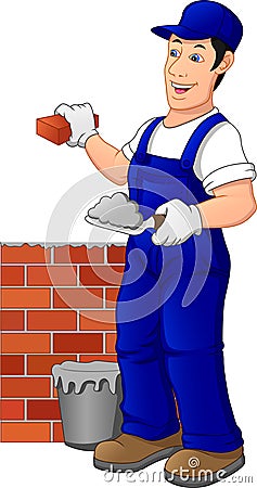 Man building brick wall. Construction worker in a uniform Vector Illustration