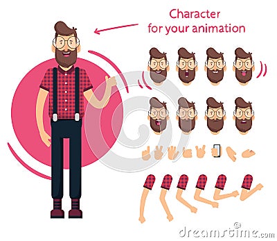 Man character for your scenes.Character ready for animation. Funny cartoon. Set for character speaks animations. Vector Illustration