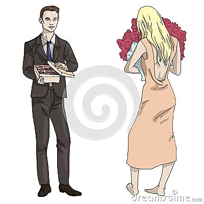 Vector illustration man and girl with a box of candies and flowers Vector Illustration