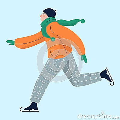 Vector illustration of man ice skating in warm winter clothes. Vector Illustration