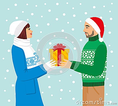 Vector illustration of a man in Santa hat gives a girl a gift Vector Illustration