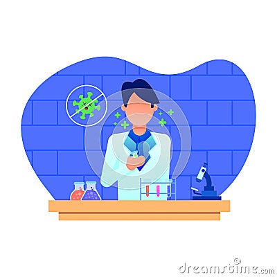 Man scientist in research laboratory working on research vaccine corona virus Vector Illustration