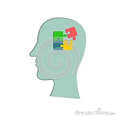 Vector illustration of man silhouette with broken jigsaw puzzle with one element apart. Mental health psychology logic brain games Vector Illustration