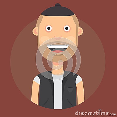 Vector illustration of a man with a smile, with dark hair in a hat and waistcoat on a dark burgundy background Vector Illustration