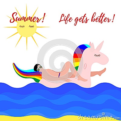 Man swims on inflatable unicorn on the sea Vector Vector Illustration