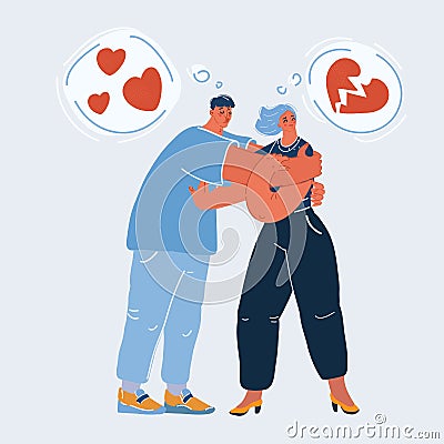 Vector illustration of man trying to present his heart to woman rejecting his gift. Unrequited, one-sided or rejected Vector Illustration