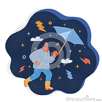 Vector illustration of man walk with umbrela over dark backround. Vector Illustration
