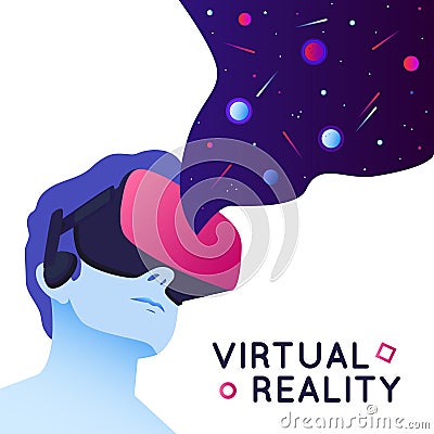 Vector illustration of man wearing virtual reality headset. Abstract VR modern illustration with space elements Vector Illustration