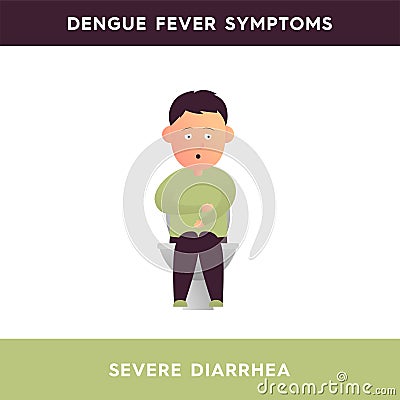 Vector illustration of a man who sits on the toilet holding his hand on his stomach. Man with severe diarrhea, indigestion. Dengue Vector Illustration