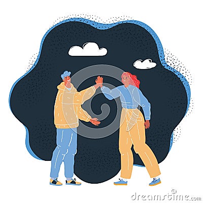 Vector illustration of man and woman give five on dark backround. Good team work. Vector Illustration