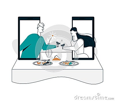 Vector illustration of man, woman on online date on smartphone screen Vector Illustration