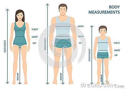 Vector illustration of man, women and boy in full length with measurement lines of body parameters . Vector Illustration